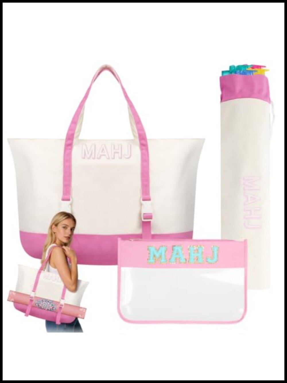 Canvas Mahjong Tile Bag Set with Mat Strap Tote for Travel Storage
